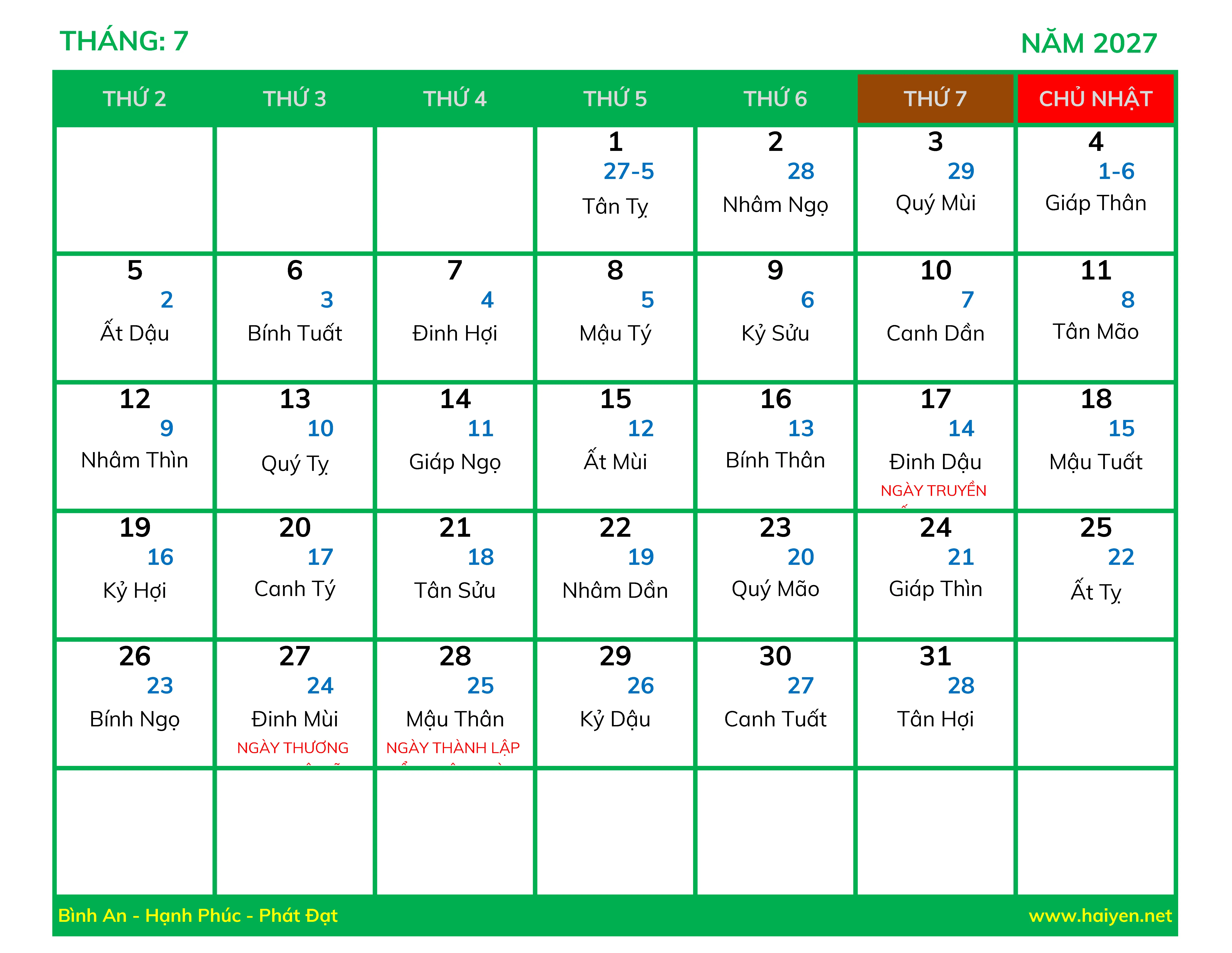 Lịch Vạn Sự Năm 2027 Excel 7